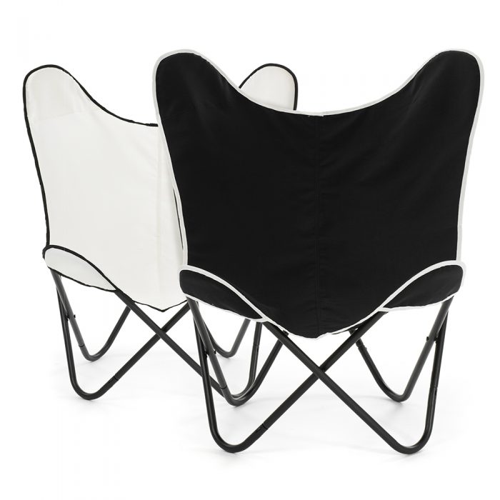2 butterfly chairs with black cover and white cover