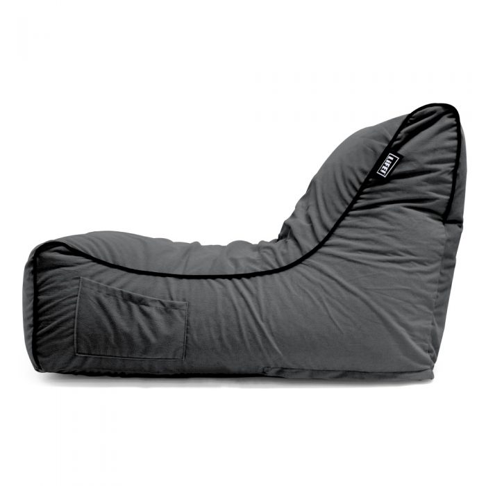 Side view of the charcoal velour coastal haven bean bag showing the handy storage pocket and black contrast piping