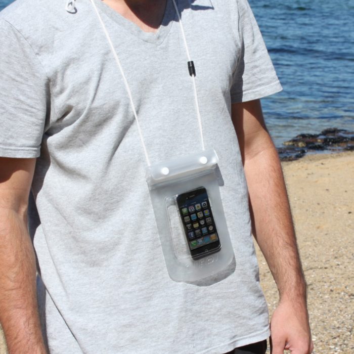 Dryz digital phone protector worn around someones neck showing the lanyard and pocket containing the phone