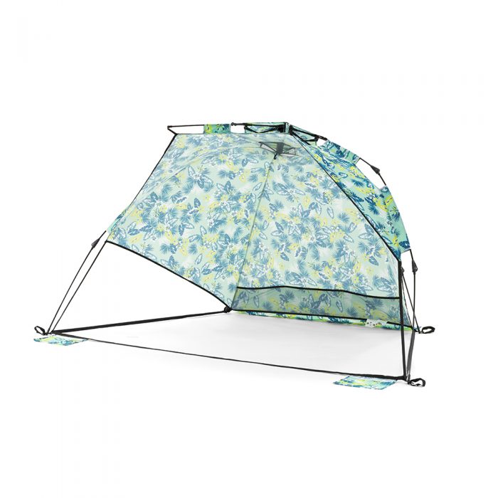 The green tropical print auto ezee sun shelter with mesh storage pockets and central hanging hook