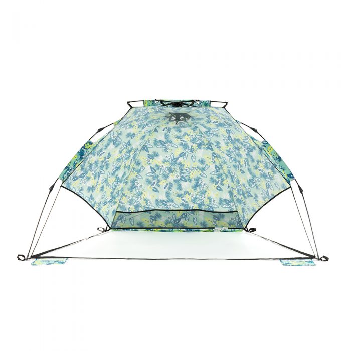The tropical print adventure sun shelter for the beach and picnics with handy mesh storage pockets and central hanging hook. Easy setup and packup