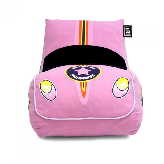 Front view of the pink foam pop lounge showing the headlights and car shape