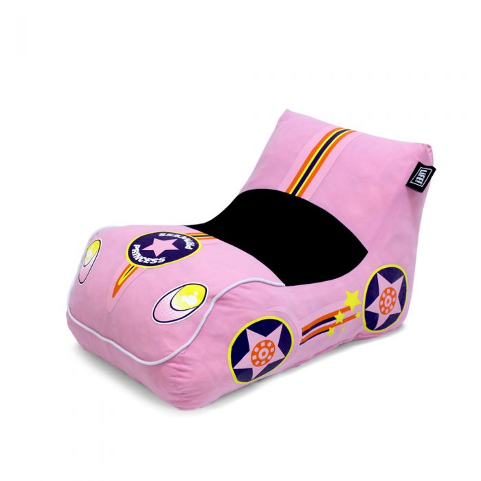 Oblique view of the pink pop lounge racer showing the headlights, wheels and car shape
