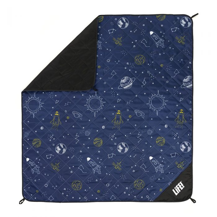 Space buddy picnic blanket from above showing the hanging loops and privacy pocket