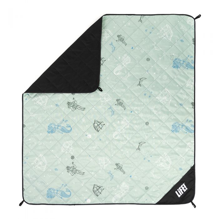 Sea of love adventure mat from above showing hanging loops, privacy pocket and nautical print