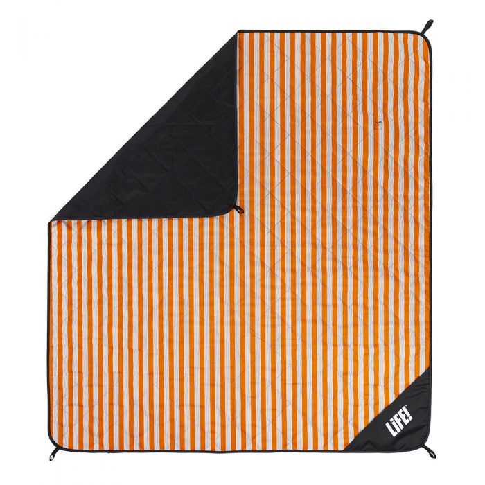 Retro orange striped picnic blanket adventure mat from above showing hanging loops and privacy pocket