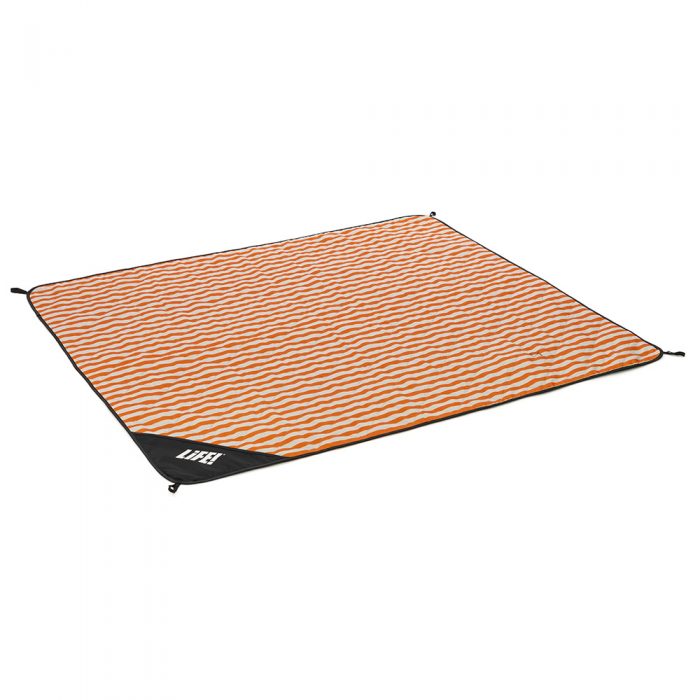 Oblique view of the orange striped retro print adventure mat picnic blanket
