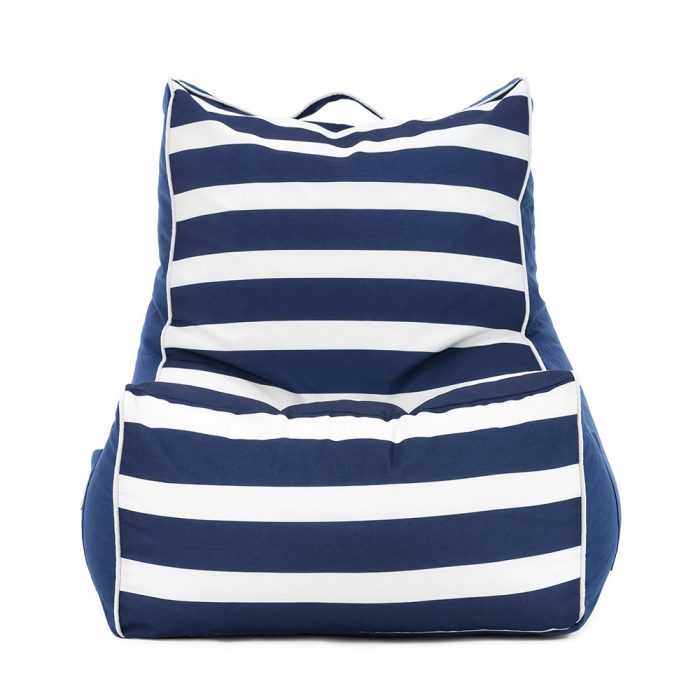Front view of the navy and white large scale stripes on the nautical coastal lounger