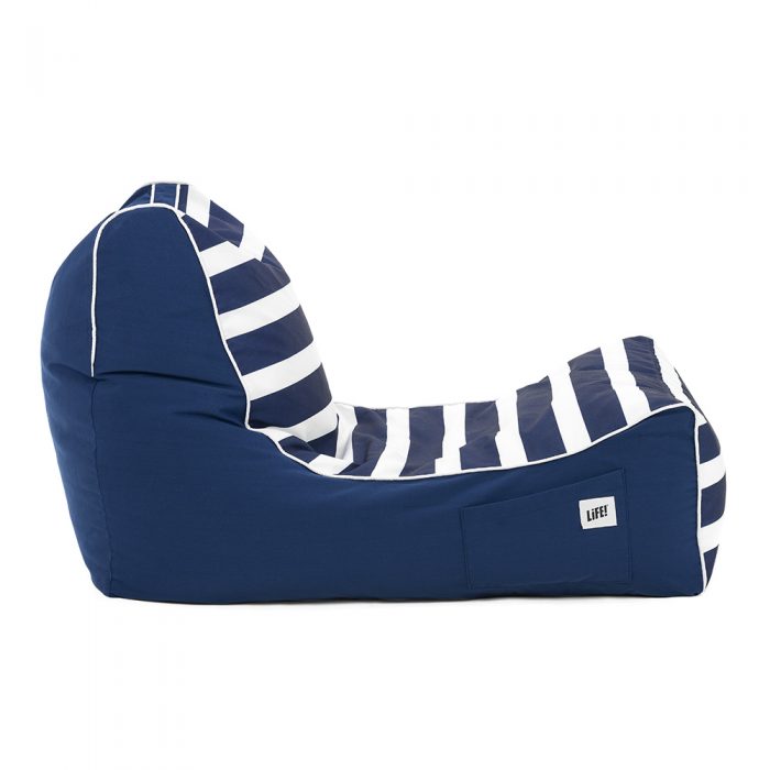 Side view of the nautical coastal lounger bean bag seat showing the feature stripe panel, navy sides and contrast white piping trim