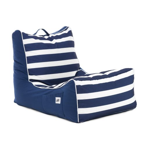 Oblique view of the nautical striped coastal lounger patio bean bag with large scale navy and white stripes