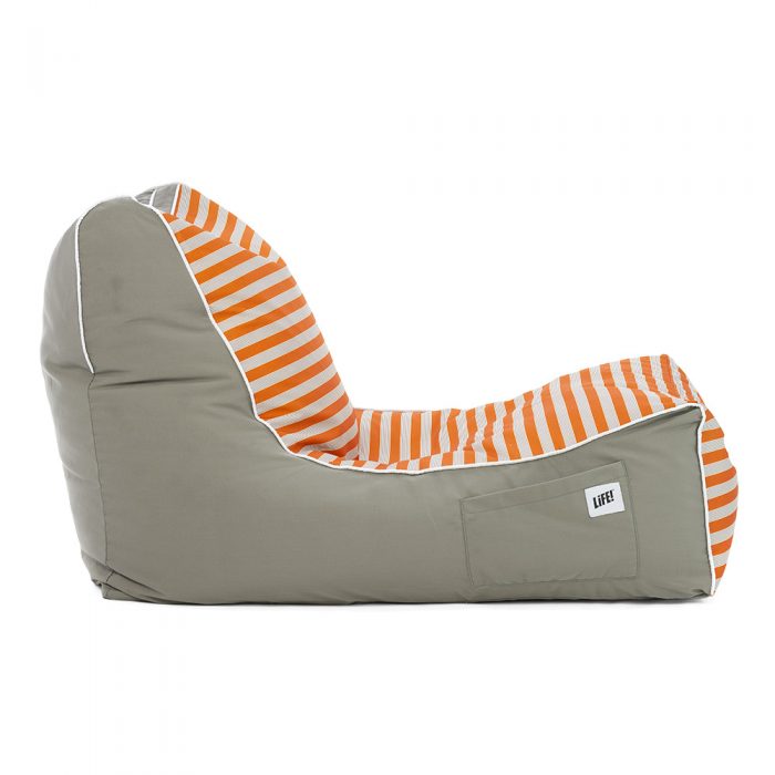 Side view of the retro print coastal lounger bean bag showing the shape, contrast side panels and pocket