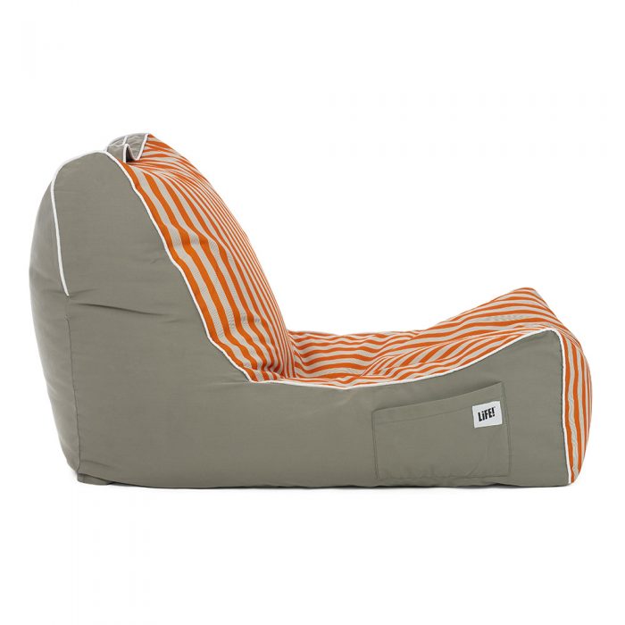 Side view of the retro print coastal lounger bean bag showing contrast piping and side pocket