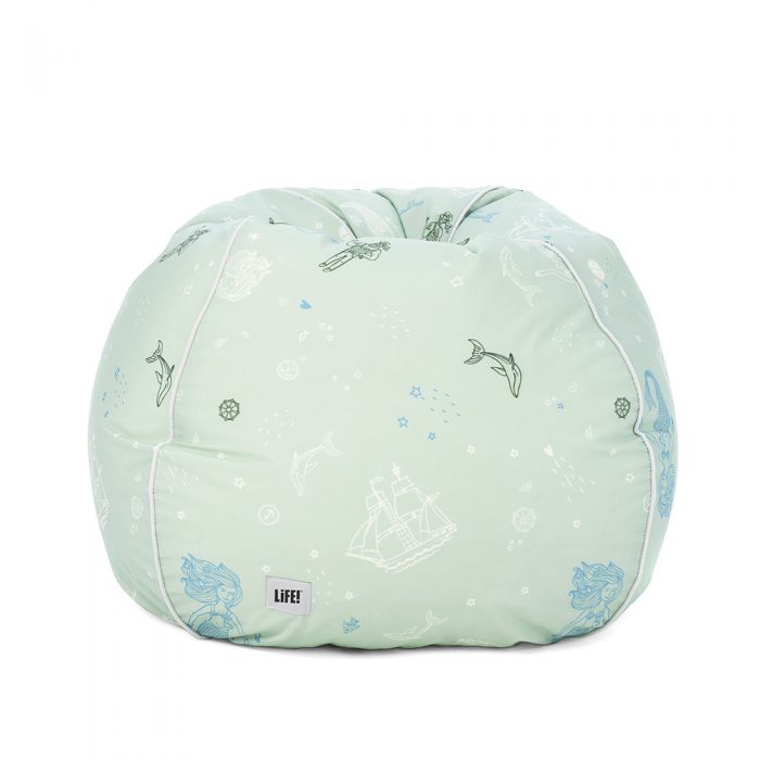 Sea of love teardrop bean bag. Soft green with kids nautical print including mermaids, whales and sailing ships