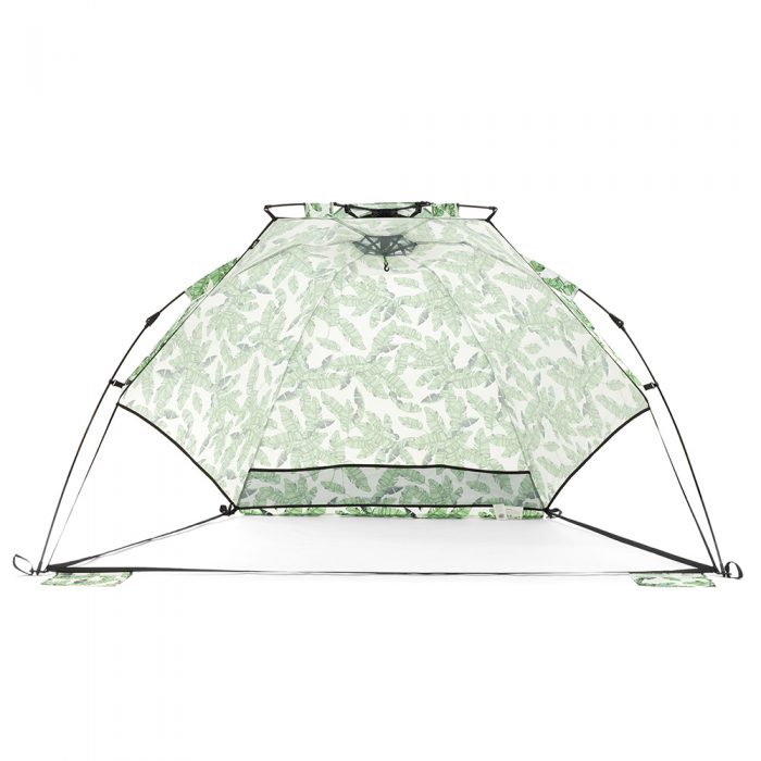Front view of the tiki airlie sun shelter. Storage pocket and hanging hook are visible
