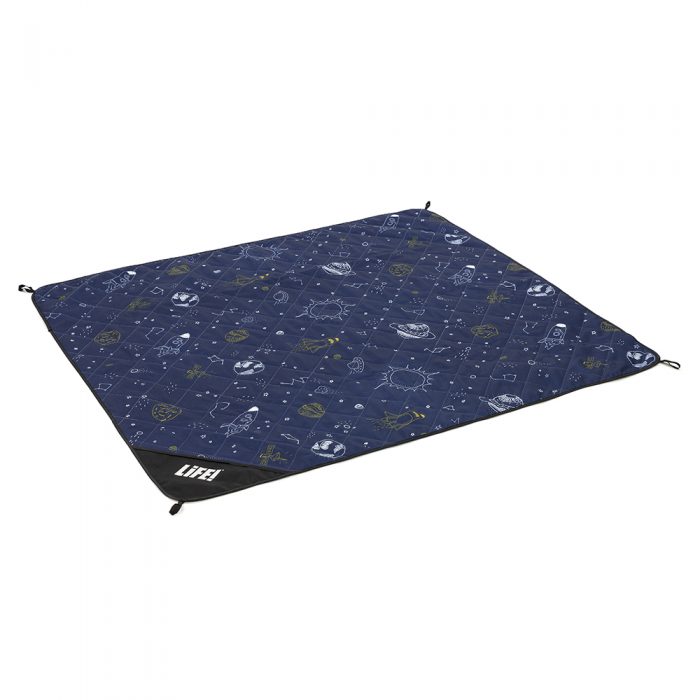 Oblique view of space buddy adventure mat showing handy corner loops. Dark blue with white and navy outer space print.