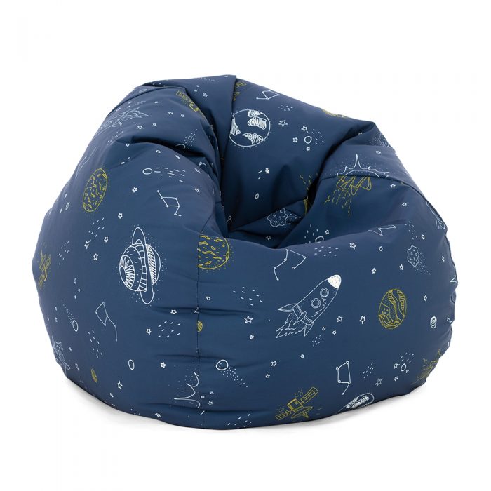 Space buddy bean bag with white planets and rockets on a blue background