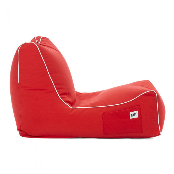 side view of the scarlet coastal bean bag showing piping and storage pocket