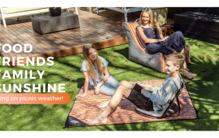 Banner shows a family picnicing in the backyard on orange striped retro products. Text says Food, Family, Friends, Sunshine, bring on picnic weather!