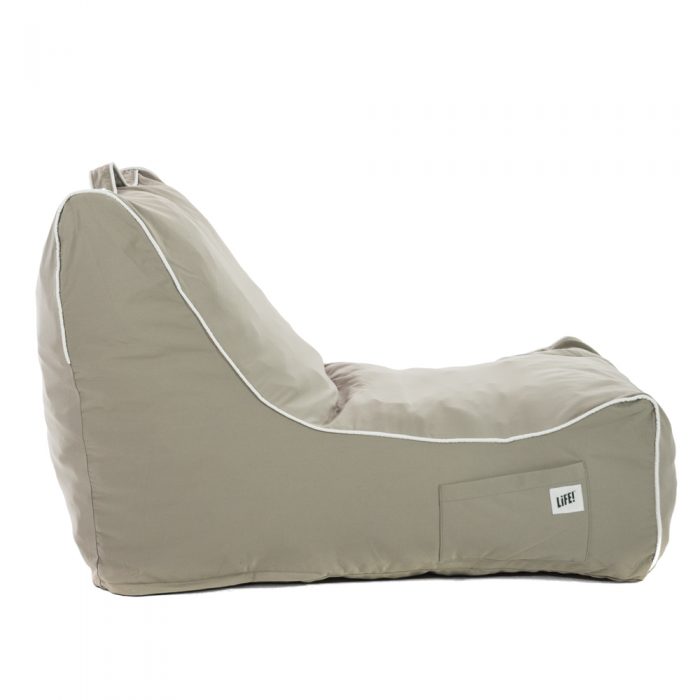 side view of the ozark grey coastal lounger showing bean bag shape, contrast piping, and side pocket